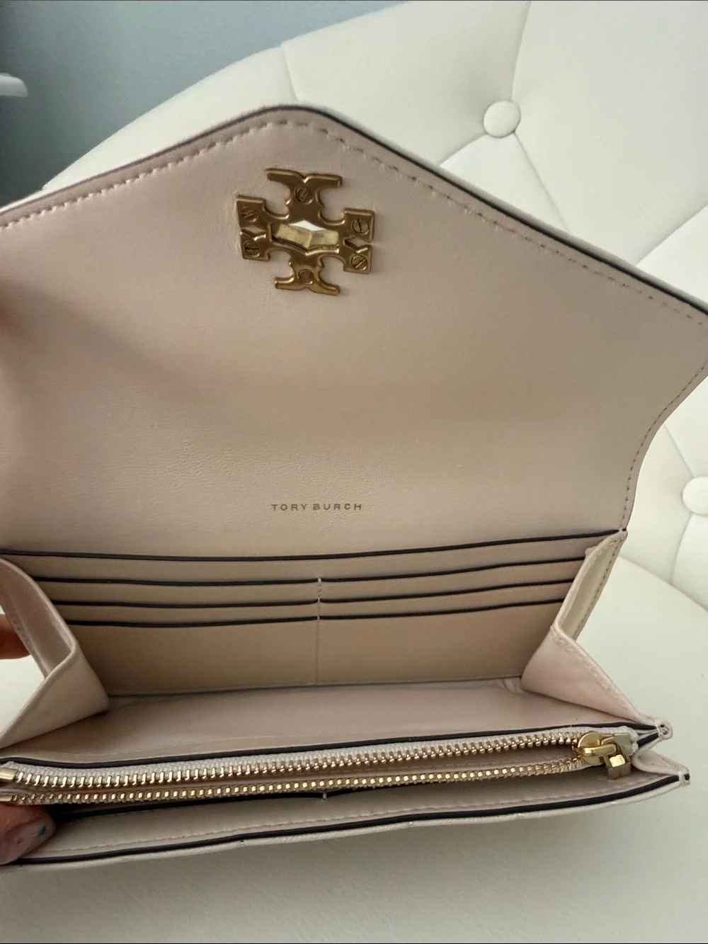 Tory Burch Kira Quilted Envelope Leather  Wallet with turn lock close in Cream